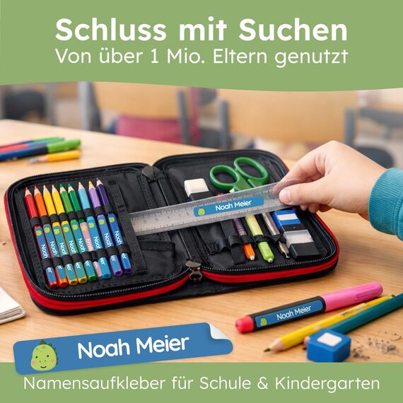 melu kids® Namensaufkleber Kinder für Schule & Kita (75 Stück) - Personalisierte Aufkleber mit Namen für Stifte und alle Schulsachen - Wasserfest in Spülmaschine (Aqua)
