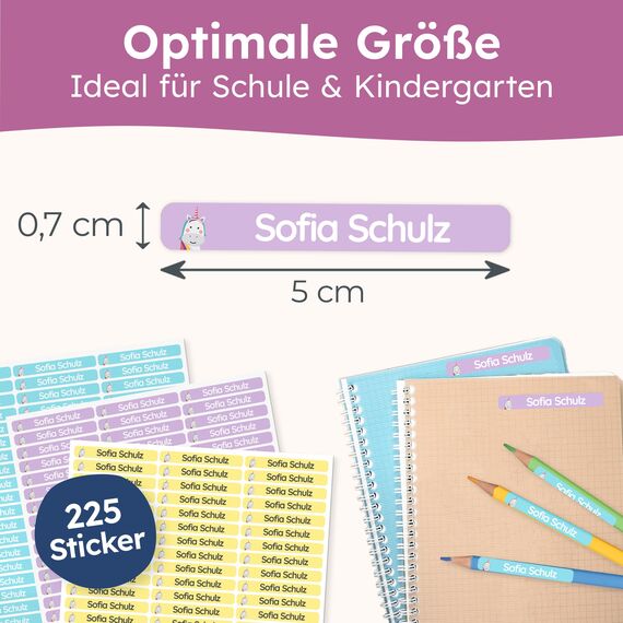 melu kids® Namensaufkleber Kinder für Schule & Kita (225 Stück) - Personalisierte Aufkleber mit Namen für Stifte und alle Schulsachen - Wasserfest in Spülmaschine (Bonbon)