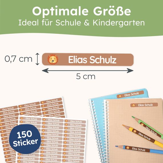 melu kids® Namensaufkleber Kinder für Schule & Kita (150 Stück) - Personalisierte Aufkleber mit Namen für Stifte und alle Schulsachen - Wasserfest in Spülmaschine (Zimtbraun)