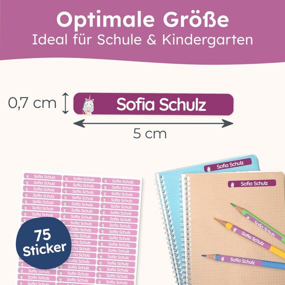 melu kids® Namensaufkleber Kinder für Schule & Kita (75 Stück) - Personalisierte Aufkleber mit Namen für Stifte und alle Schulsachen - Wasserfest in Spülmaschine (Lila)