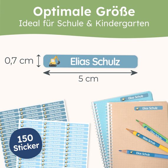 melu kids® Namensaufkleber Kinder für Schule & Kita (150 Stück) - Personalisierte Aufkleber mit Namen für Stifte und alle Schulsachen - Wasserfest in Spülmaschine (Himmelblau)