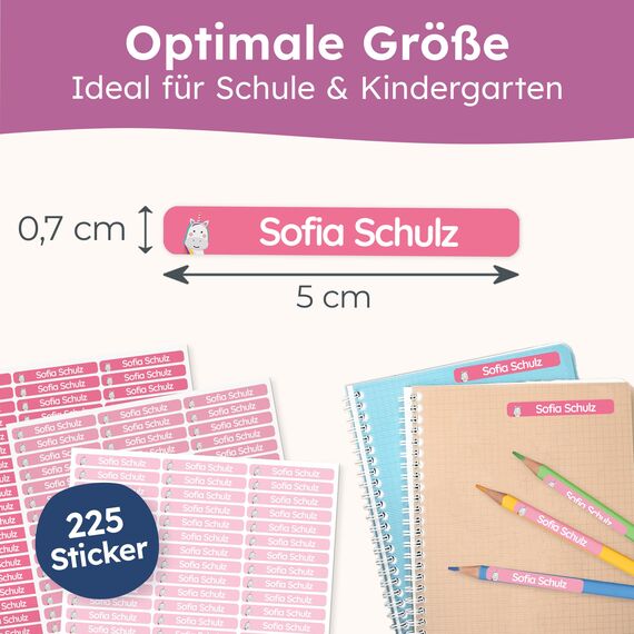 melu kids® Namensaufkleber Kinder für Schule & Kita (225 Stück) - Personalisierte Aufkleber mit Namen für Stifte und alle Schulsachen - Wasserfest in Spülmaschine (Himbeerrosa)