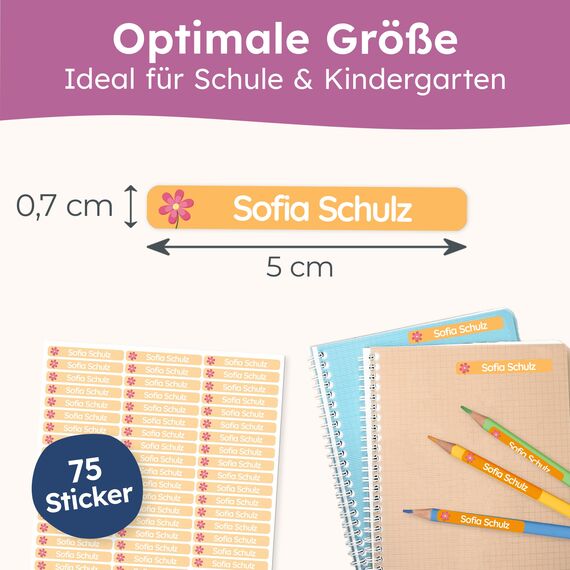 melu kids® Namensaufkleber Kinder für Schule & Kita (75 Stück) - Personalisierte Aufkleber mit Namen für Stifte und alle Schulsachen - Wasserfest in Spülmaschine (Orange)