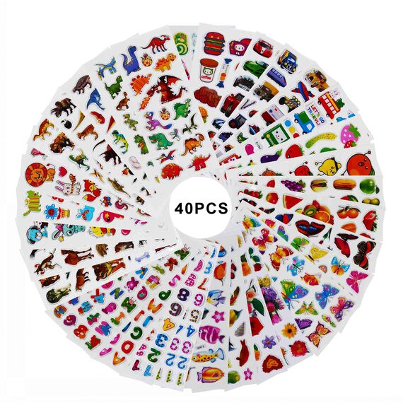 Vicloon 40 verschiedene Bögen, 3D-Aufkleber für Kinder, 1100+ geschwollene Kinder, Aufkleber für Belohnung von Geschenken, Scrapbooking, einschließlich Tiere, Zahlen, Buchstaben, Emojis, Dinosaurier