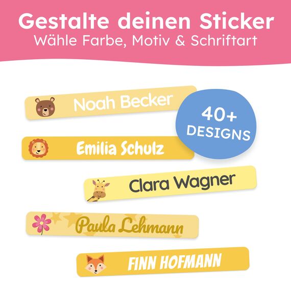 melu kids® Namensaufkleber Kinder für Schule & Kita (150 Stück) - Personalisierte Aufkleber mit Namen für Stifte und alle Schulsachen - Wasserfest in Spülmaschine (Primelgelb)
