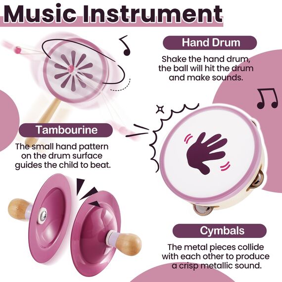 BUYGER Percussion Instrumente für Kinder, Baby Montessori Musikspielzeug aus Holz, Musikinstrumente mit Tamburin, Becken, Holzspielzeug Geschenke für Kinder ab 1 Jahre