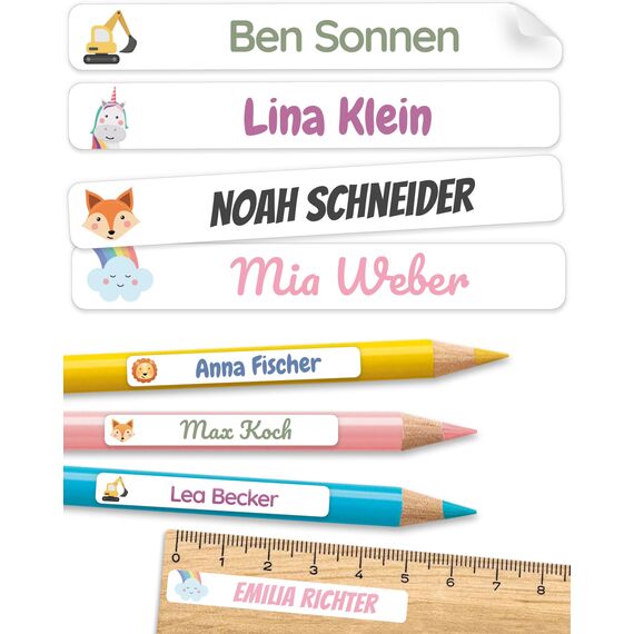 melu kids® Namensaufkleber Kinder für Schule & Kita (225 Stück) - Personalisierte Aufkleber mit Namen für Stifte und alle Schulsachen - Wasserfest in Spülmaschine (Lichtweiß)
