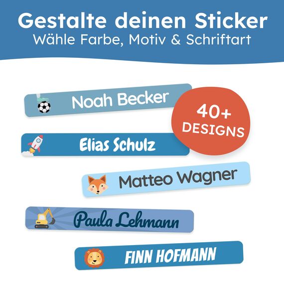 melu kids® Namensaufkleber Kinder für Schule & Kita (225 Stück) - Personalisierte Aufkleber mit Namen für Stifte und alle Schulsachen - Wasserfest in Spülmaschine (Himmelblau)