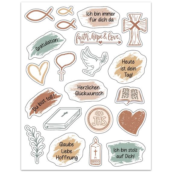 16 Bögen Sticker Kinder Aufkleber Set - ideal zum Kommunion, Konfirmation, Taufe - Stickerbögen für Gästebuch Fotoalbum - für Mädchen und Junge