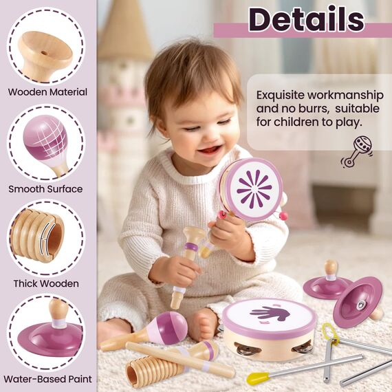 BUYGER Percussion Instrumente für Kinder, Baby Montessori Musikspielzeug aus Holz, Musikinstrumente mit Tamburin, Becken, Holzspielzeug Geschenke für Kinder ab 1 Jahre