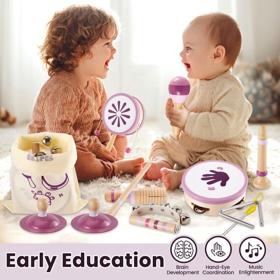 BUYGER Percussion Instrumente für Kinder, Baby Montessori Musikspielzeug aus Holz, Musikinstrumente mit Tamburin, Becken, Holzspielzeug Geschenke für Kinder ab 1 Jahre