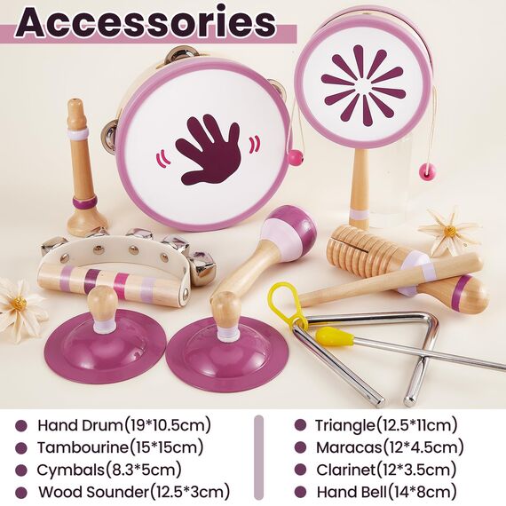 BUYGER Percussion Instrumente für Kinder, Baby Montessori Musikspielzeug aus Holz, Musikinstrumente mit Tamburin, Becken, Holzspielzeug Geschenke für Kinder ab 1 Jahre
