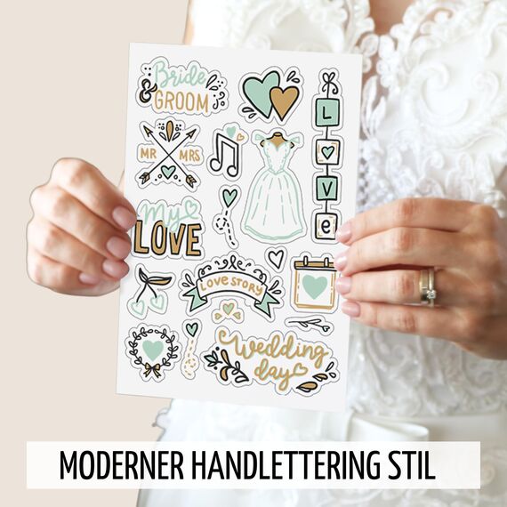 Sticker Hochzeit Gästebuch by snaPmee - Transparente Deko Aufkleber - Hochzeitssticker mit 133 Motiven - Fotoalbum, Scrapbook, Bullet Journal (Eukalyptus)