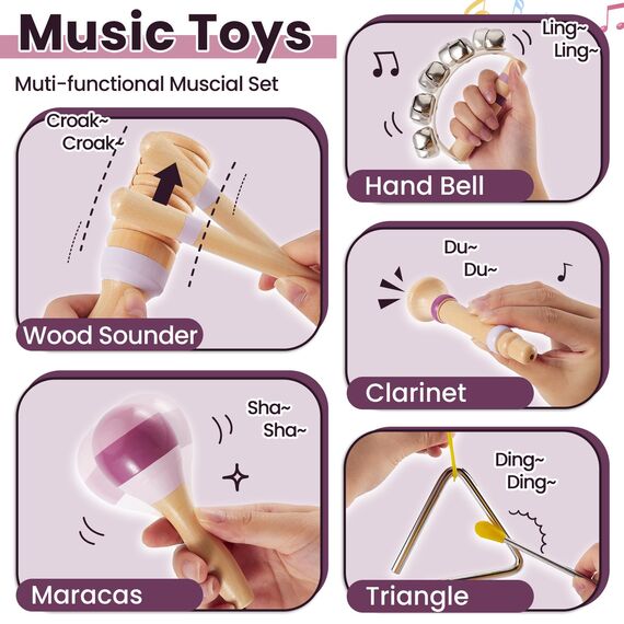 BUYGER Percussion Instrumente für Kinder, Baby Montessori Musikspielzeug aus Holz, Musikinstrumente mit Tamburin, Becken, Holzspielzeug Geschenke für Kinder ab 1 Jahre