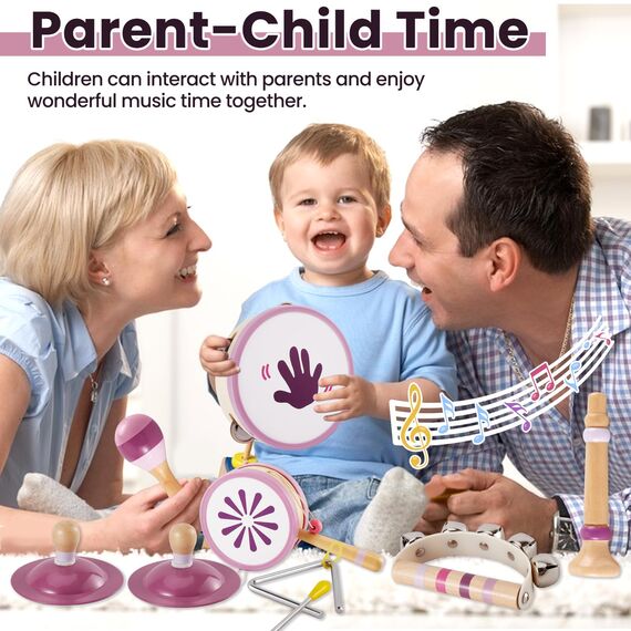 BUYGER Percussion Instrumente für Kinder, Baby Montessori Musikspielzeug aus Holz, Musikinstrumente mit Tamburin, Becken, Holzspielzeug Geschenke für Kinder ab 1 Jahre