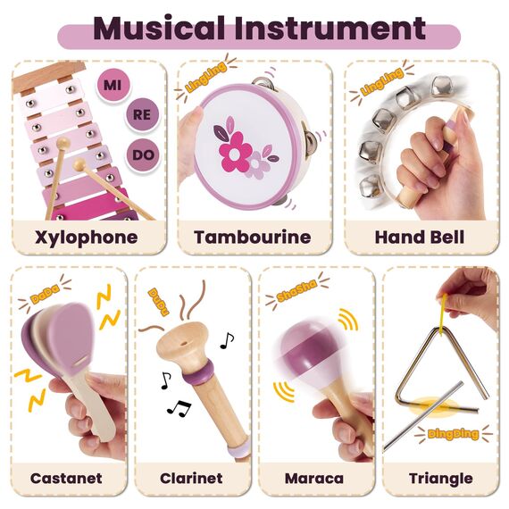 BUYGER Musikinstrumente für Kinder aus Holz ab 1 Jahre, mit Xylophon Schlagzeug, Baby Percussion Instrumente, Montessori Spielzeug Holzspielzeug, Geschenk für Kinder Mädchen 1-3 Jahre