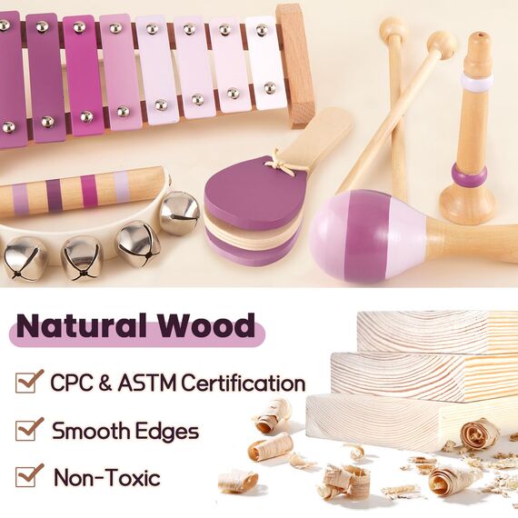 BUYGER Musikinstrumente für Kinder aus Holz ab 1 Jahre, mit Xylophon Schlagzeug, Baby Percussion Instrumente, Montessori Spielzeug Holzspielzeug, Geschenk für Kinder Mädchen 1-3 Jahre