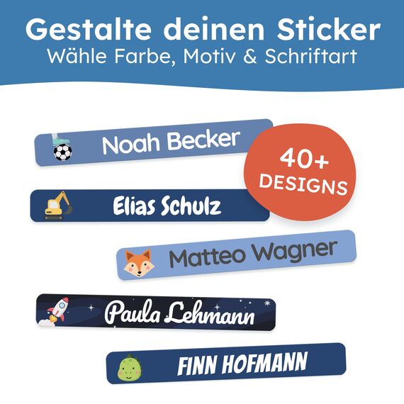 melu kids® Namensaufkleber Kinder für Schule & Kita (225 Stück) - Personalisierte Aufkleber mit Namen für Stifte und alle Schulsachen - Wasserfest in Spülmaschine (Mitternachtsblau)