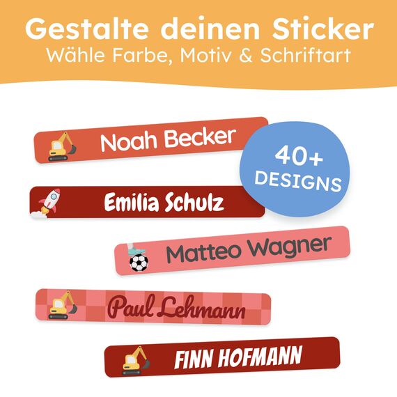 melu kids® Namensaufkleber Kinder für Schule & Kita (225 Stück) - Personalisierte Aufkleber mit Namen für Stifte und alle Schulsachen - Wasserfest in Spülmaschine (Rot)