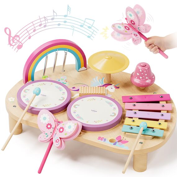 Lehoo Castle Holz Montessori Kinder Schlagzeugset Spielzeug ab 1- 3 Jahre mädchen , Musikinstrumente für Kinder mit Xylophon Trommel, Musikspielzeug für Babys im Vorschulalter, Lernspielzeug Geschenk