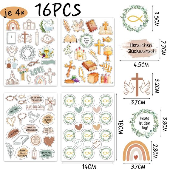 16 Bögen Sticker Kinder Aufkleber Set - ideal zum Kommunion, Konfirmation, Taufe - Stickerbögen für Gästebuch Fotoalbum - für Mädchen und Junge