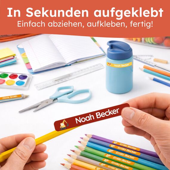 melu kids® Namensaufkleber Kinder für Schule & Kita (225 Stück) - Personalisierte Aufkleber mit Namen für Stifte und alle Schulsachen - Wasserfest in Spülmaschine (Lichtweiß)