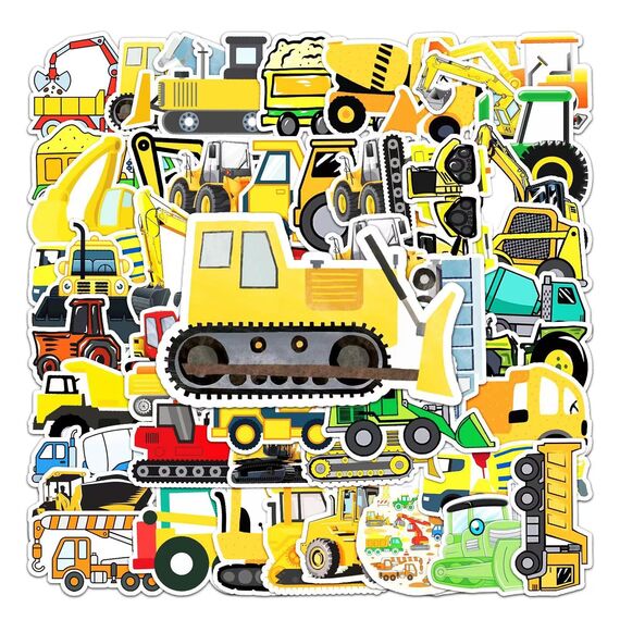 SUNYOVIME Bagger Sticker Kinder Set, 50 Stück Wasserfeste Vinyl Sticker Jungen Mädchen Baufahrzeug LKW Auto Traktor Aufkleber für Skateboard Laptop Koffer Helm Motorrad Auto Fahrrad Handy