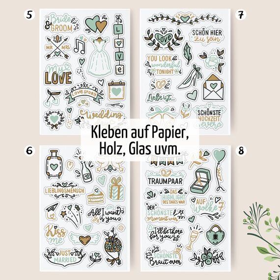 Sticker Hochzeit Gästebuch by snaPmee - Transparente Deko Aufkleber - Hochzeitssticker mit 133 Motiven - Fotoalbum, Scrapbook, Bullet Journal (Eukalyptus)