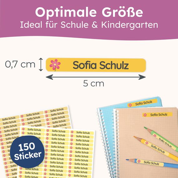 melu kids® Namensaufkleber Kinder für Schule & Kita (150 Stück) - Personalisierte Aufkleber mit Namen für Stifte und alle Schulsachen - Wasserfest in Spülmaschine (Primelgelb)