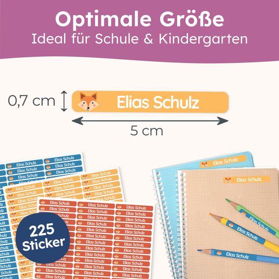 melu kids® Namensaufkleber Kinder für Schule & Kita (225 Stück) - Personalisierte Aufkleber mit Namen für Stifte und alle Schulsachen - Wasserfest in Spülmaschine (Bunter Mix)