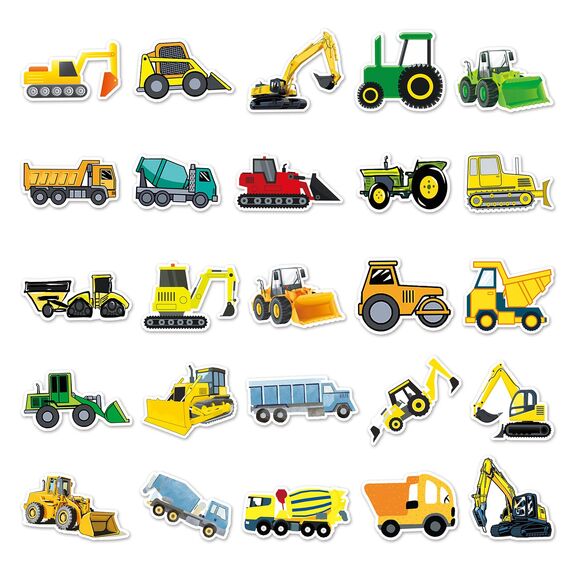 SUNYOVIME Bagger Sticker Kinder Set, 50 Stück Wasserfeste Vinyl Sticker Jungen Mädchen Baufahrzeug LKW Auto Traktor Aufkleber für Skateboard Laptop Koffer Helm Motorrad Auto Fahrrad Handy