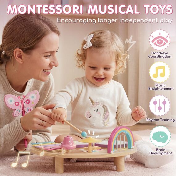 Lehoo Castle Holz Montessori Kinder Schlagzeugset Spielzeug ab 1- 3 Jahre mädchen , Musikinstrumente für Kinder mit Xylophon Trommel, Musikspielzeug für Babys im Vorschulalter, Lernspielzeug Geschenk