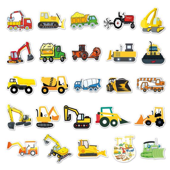 SUNYOVIME Bagger Sticker Kinder Set, 50 Stück Wasserfeste Vinyl Sticker Jungen Mädchen Baufahrzeug LKW Auto Traktor Aufkleber für Skateboard Laptop Koffer Helm Motorrad Auto Fahrrad Handy