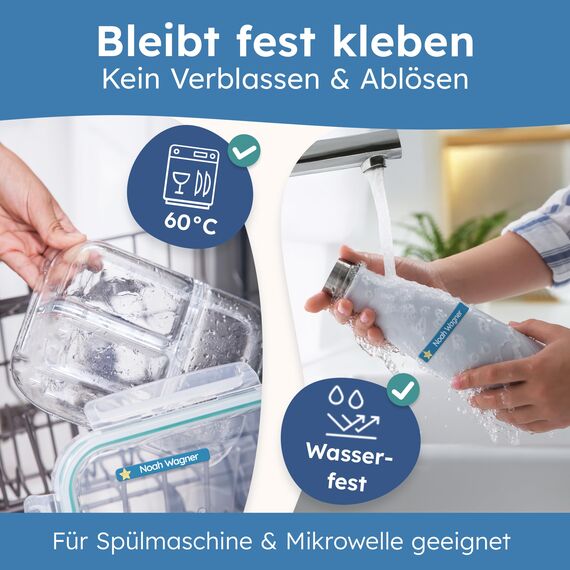 melu kids® Namensaufkleber Kinder für Schule & Kita (225 Stück) - Personalisierte Aufkleber mit Namen für Stifte und alle Schulsachen - Wasserfest in Spülmaschine (Himmelblau)