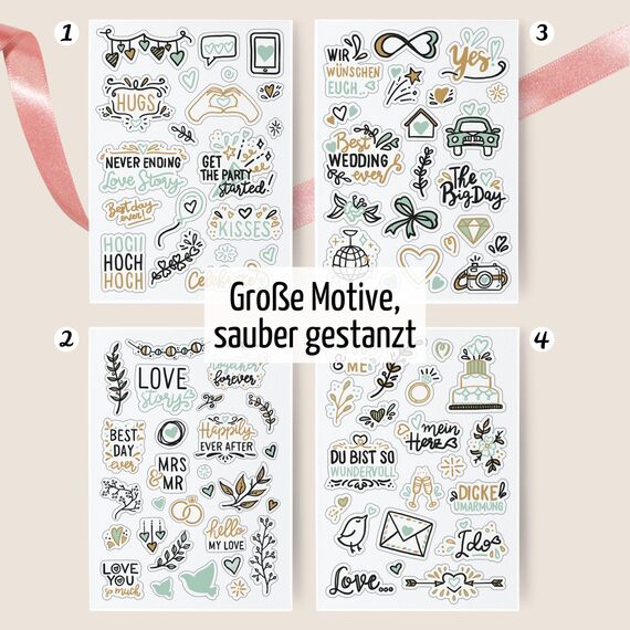 Sticker Hochzeit Gästebuch by snaPmee - Transparente Deko Aufkleber - Hochzeitssticker mit 133 Motiven - Fotoalbum, Scrapbook, Bullet Journal (Eukalyptus)