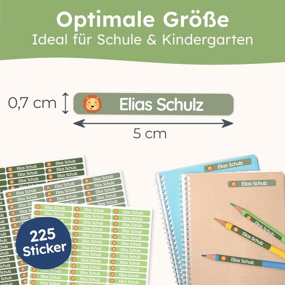 melu kids® Namensaufkleber Kinder für Schule & Kita (225 Stück) - Personalisierte Aufkleber mit Namen für Stifte und alle Schulsachen - Wasserfest in Spülmaschine (Grün)