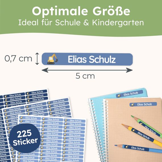 melu kids® Namensaufkleber Kinder für Schule & Kita (225 Stück) - Personalisierte Aufkleber mit Namen für Stifte und alle Schulsachen - Wasserfest in Spülmaschine (Mitternachtsblau)