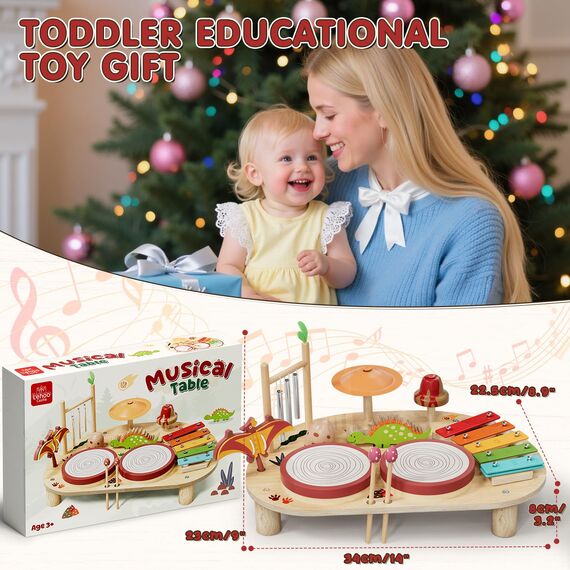 Lehoo Castle Holz Montessori Kinder Schlagzeugset Spielzeug ab 3 Jahre, Musikinstrumente für Kinder mit Xylophon Trommel, Musikspielzeug für Babys im Vorschulalter, Lernspielzeug Geschenk
