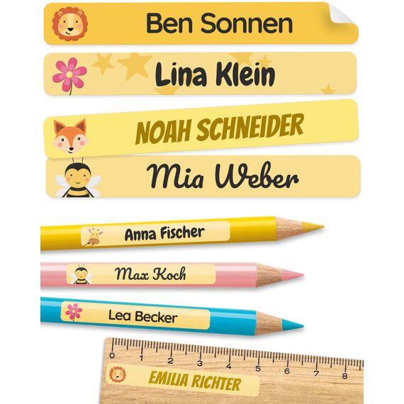 melu kids® Namensaufkleber Kinder für Schule & Kita (150 Stück) - Personalisierte Aufkleber mit Namen für Stifte und alle Schulsachen - Wasserfest in Spülmaschine (Primelgelb)