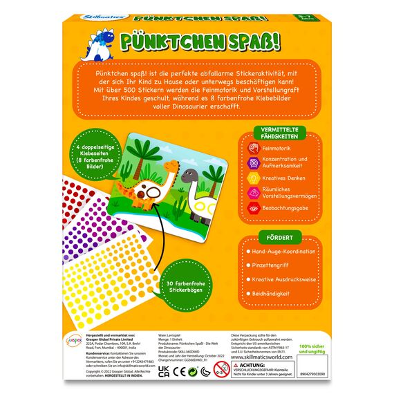 Skillmatics Bastelaktivität - Pünktchen spaß!, Stickerkunst ohne Saubermachen, Geschenke für Kinder von 3 bis 7, Vervollständige 8 Bilder voller Dinosaurier