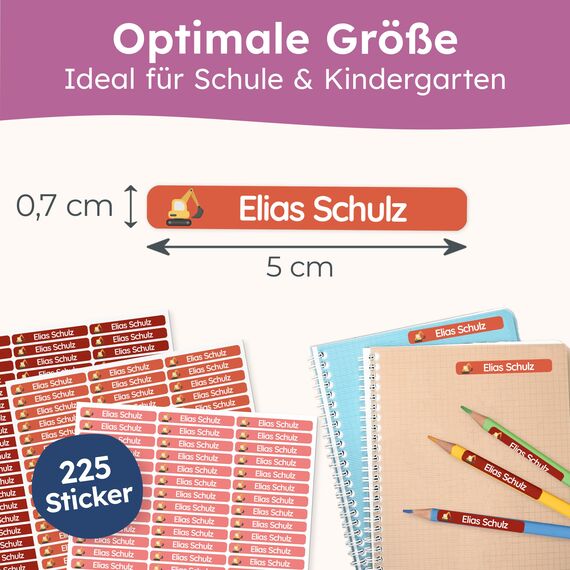 melu kids® Namensaufkleber Kinder für Schule & Kita (225 Stück) - Personalisierte Aufkleber mit Namen für Stifte und alle Schulsachen - Wasserfest in Spülmaschine (Rot)
