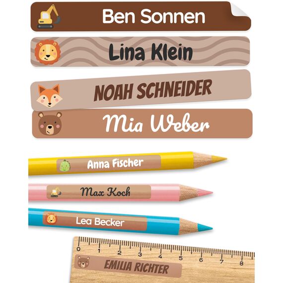melu kids® Namensaufkleber Kinder für Schule & Kita (225 Stück) - Personalisierte Aufkleber mit Namen für Stifte und alle Schulsachen - Wasserfest in Spülmaschine (Zimtbraun)