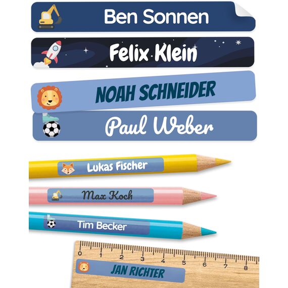 melu kids® Namensaufkleber Kinder für Schule & Kita (225 Stück) - Personalisierte Aufkleber mit Namen für Stifte und alle Schulsachen - Wasserfest in Spülmaschine (Mitternachtsblau)