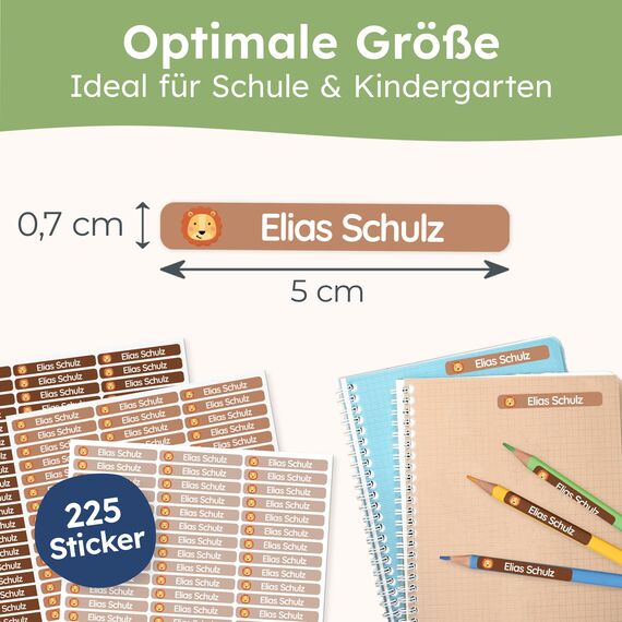 melu kids® Namensaufkleber Kinder für Schule & Kita (225 Stück) - Personalisierte Aufkleber mit Namen für Stifte und alle Schulsachen - Wasserfest in Spülmaschine (Zimtbraun)