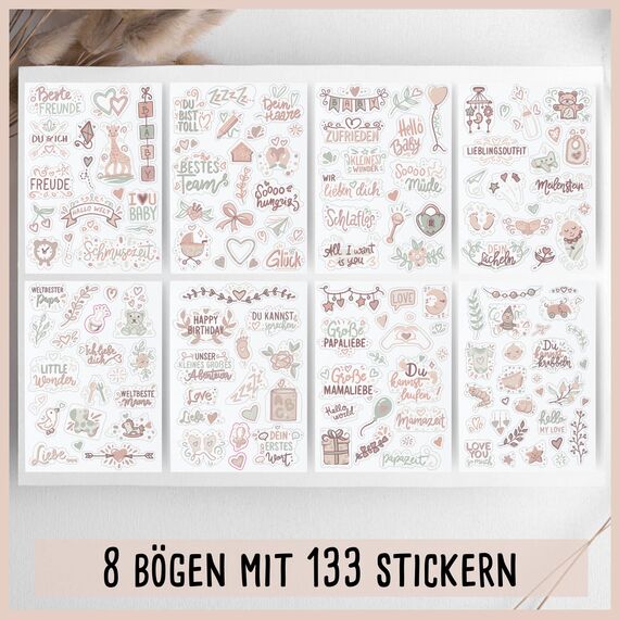 Sticker Baby by snaPmee - Aufkleber für Babyalbum, Fotoalbum & Geschenke - Set für Mädchen & Junge mit 133 Motiven auf 8 Bögen DIN-A5