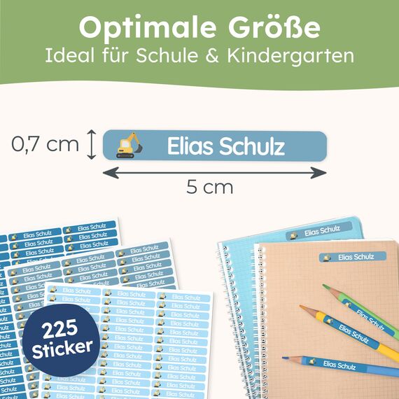 melu kids® Namensaufkleber Kinder für Schule & Kita (225 Stück) - Personalisierte Aufkleber mit Namen für Stifte und alle Schulsachen - Wasserfest in Spülmaschine (Himmelblau)