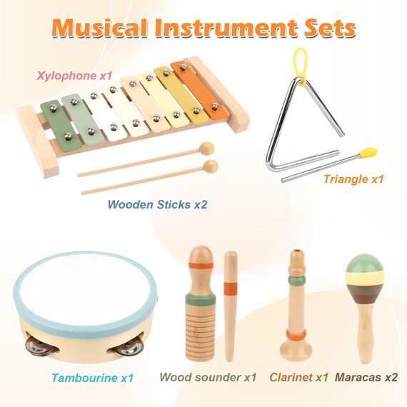 KUOFANY Musikinstrumente für Kinder ab 3 Jahren, Holzspielzeug mit Xylophon, Triangel, Maracas, Tamburin, Klanghölzern und Klarinette, Grau, Kleinkindgerecht