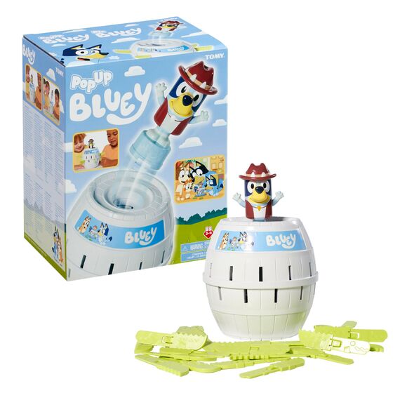 TOMY Pop Up Bluey – Lizenziertes Bluey-Spiel, basierend auf dem Klassiker Pop Up Pirate – Familienspiele für 2–4 Spieler – Lustige Spiele für Kinder und Erwachsene ab 4 Jahren