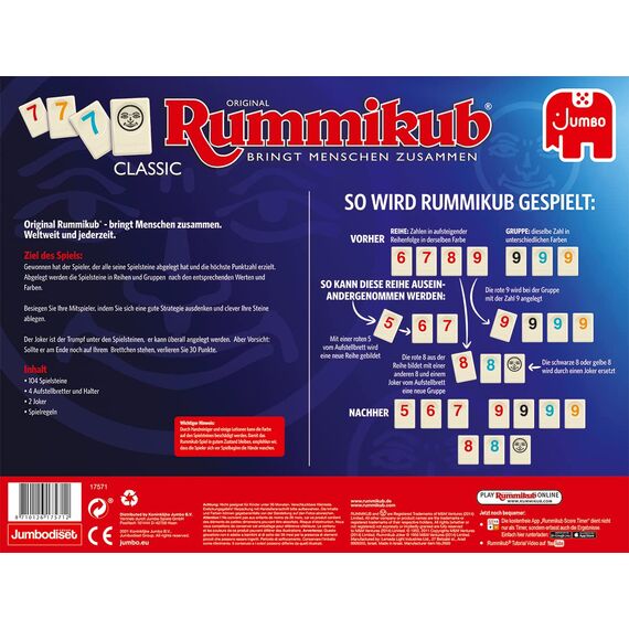 Jumbo Spiele Original Rummikub Classic - der Spieleklassiker unter den Gesellschaftsspielen - für Erwachsene und Kinder ab 7 Jahren JUM17571 Mehrfarbig 2,7 x 3,7 cm