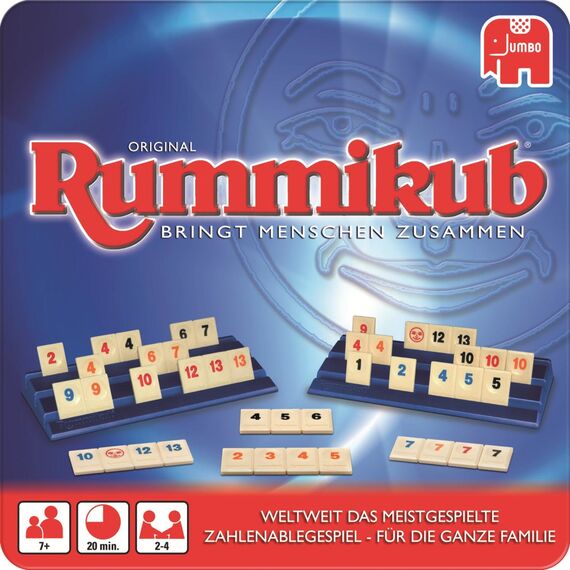 Jumbo Spiele Original Rummikub in Metalldose - der Spieleklassiker unter den Gesellschaftsspielen - für Erwachsene und Kinder ab 7 Jahren, 3973